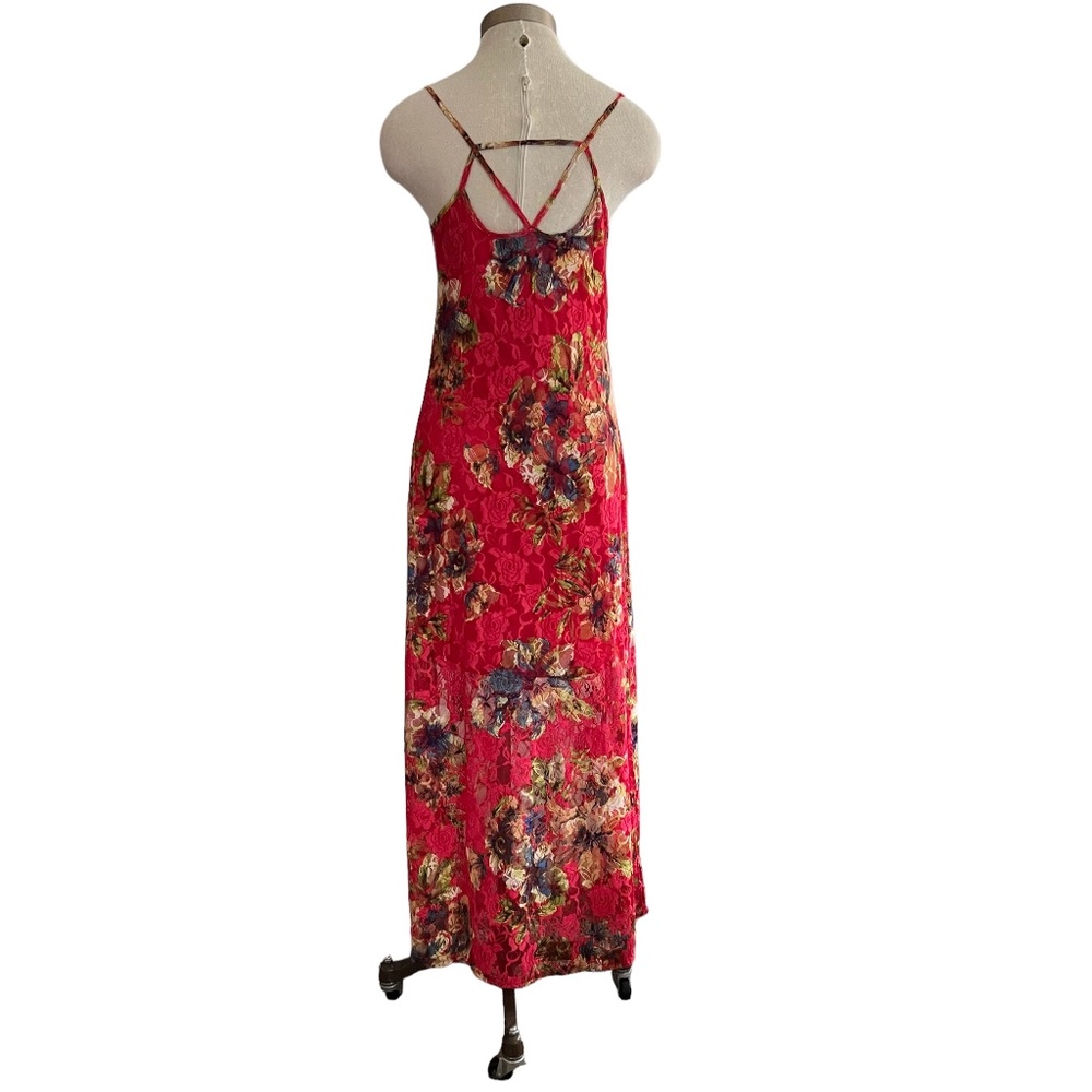 FIRE Los Angeles Size Medium Maxi Dress Red Floral Lace Sleeveless Spag Straps
